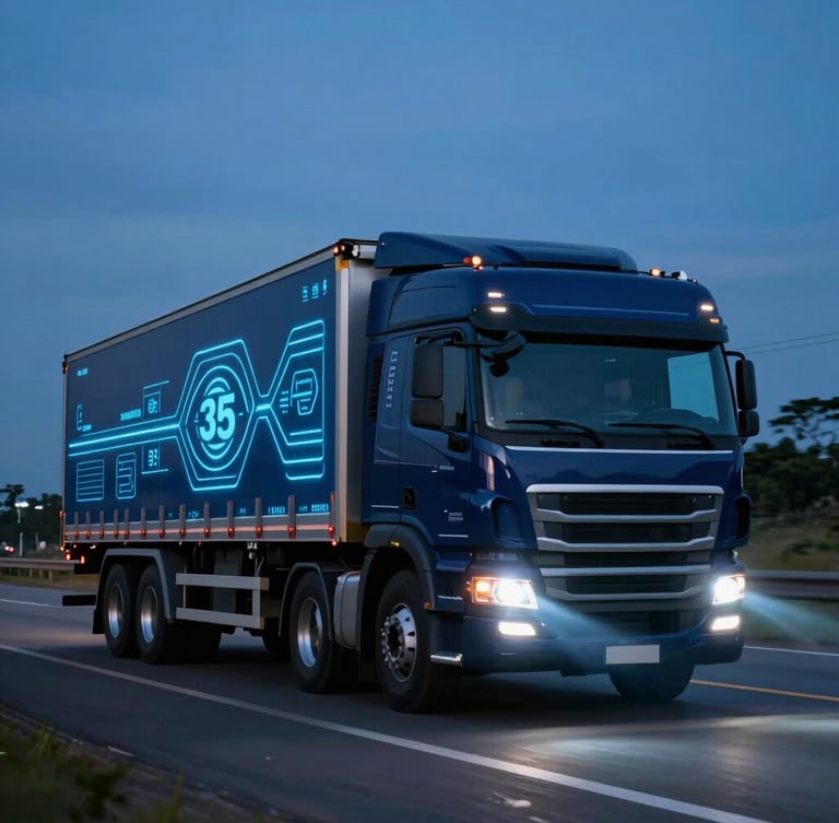 Cinematic side-view of a heavy-duty cargo truck driving on a Brazilian highway at dusk, glowing headlights casting blue light, clean vector digital telemetry path overlaid, sharp focus, 35mm