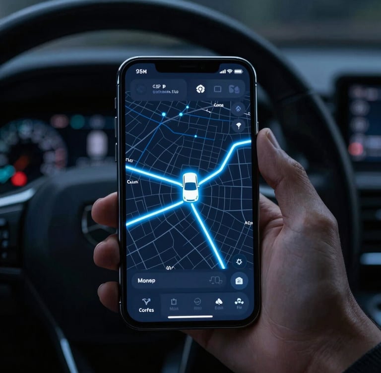 Close-up of a hand holding a modern smartphone displaying a high-tech GPS tracking map interface with electric blue routes, glowing vehicle marker, dark vehicle interior background, dramatic cinematic lighting