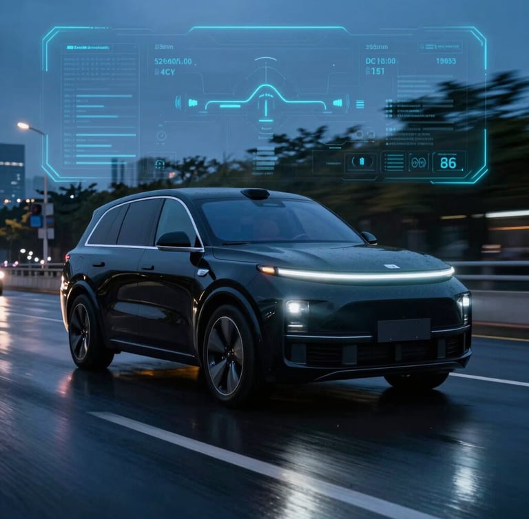 Sleek modern black SUV speeding through a wet city street at dusk, glowing headlights, electric blue light trails reflecting on the asphalt, high-tech telemetry overlay, sharp focus, 35mm