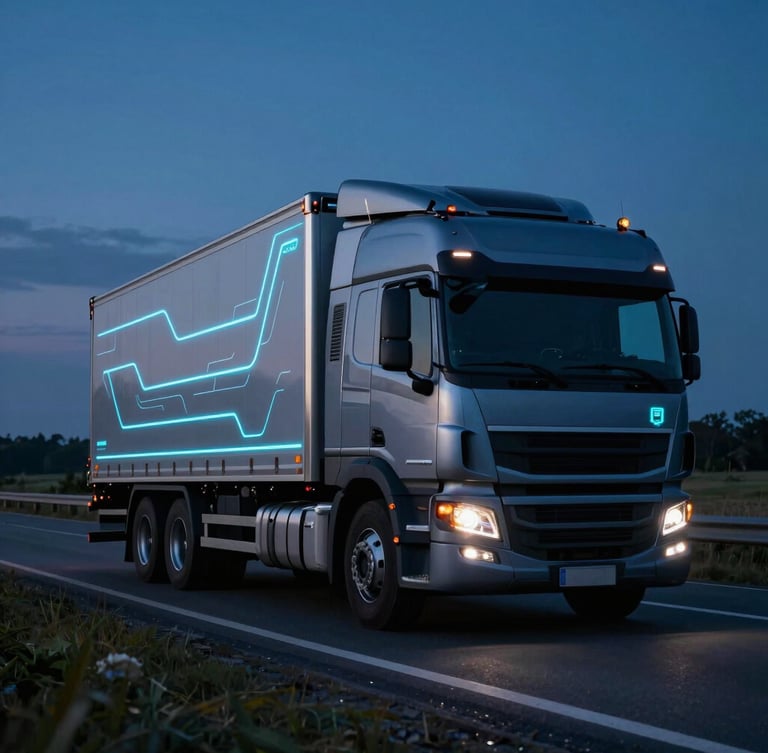 Sleek heavy-duty truck driving through a rural highway at dusk, illuminated by glowing cyan digital telemetry lines mapping its path, sharp focus, cinematic.