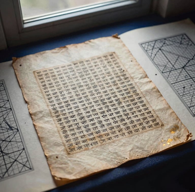 Overhead flat-lay of ancient Sanskrit palm-leaf manuscripts and geometric chart drawings on heavy hand-made paper, soft library window light, deep indigo shadows and warm gold highlights