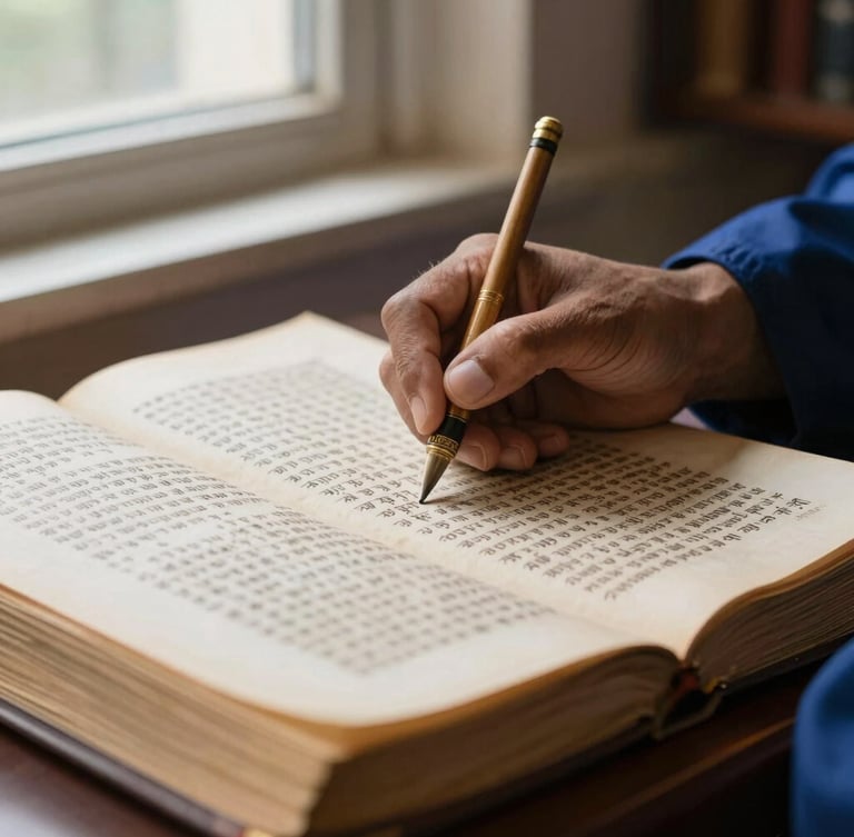 Close-up of a scholar's hand translating ancient palm-leaf scriptures, soft natural library light, shallow depth of field, scholarly editorial style.