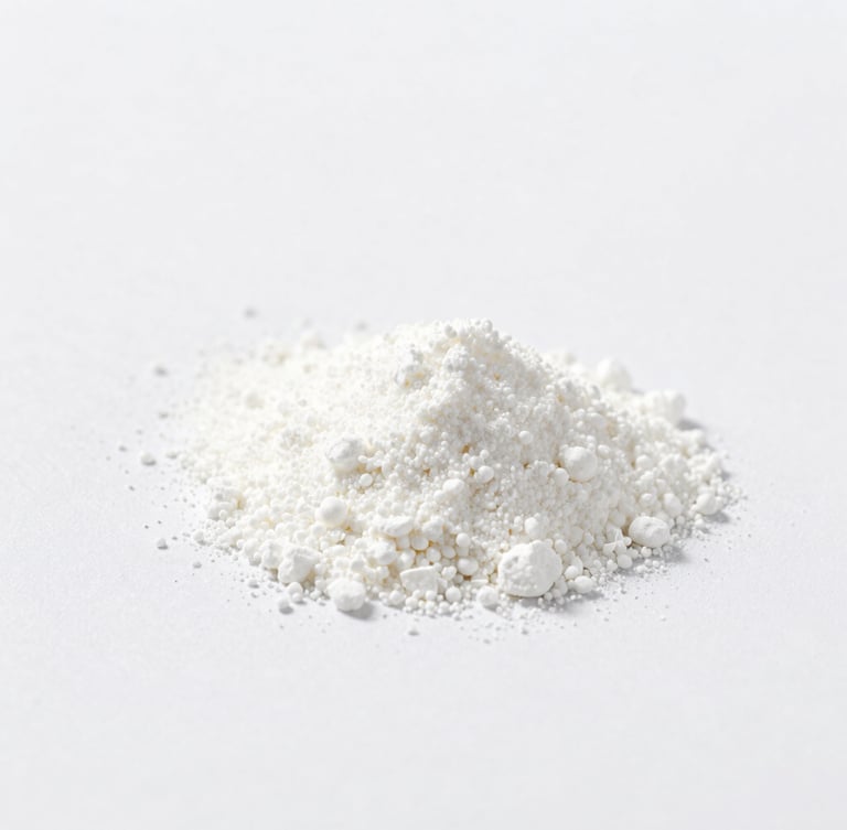 Macro shot of pure white amino acid powder on a clean white laboratory surface, bright studio lighting, sharp focus, minimalist composition, 50mm.