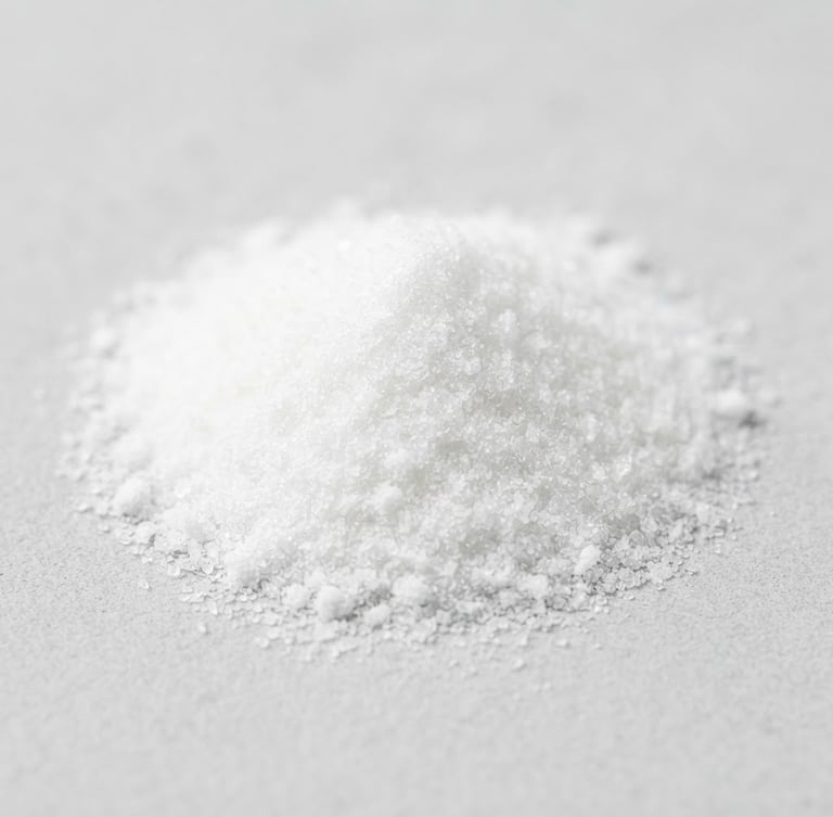 Macro close-up of pure white amino acid powder on a clean, light gray stone surface, bright studio lighting, sharp focus, minimalist composition.