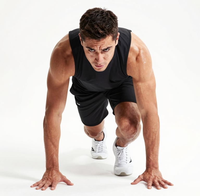 Athlete in focused preparation, hands on knees, sweat on brow, in a clean, modern gym environment, bright, high-key lighting, sharp focus.