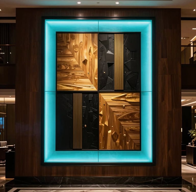 Straight-on architectural shot of a luxury hotel lobby, a monumental illuminated wood and black metal artwork glowing with soft cyan and gold on the main wall, low-key dramatic lighting, 35mm