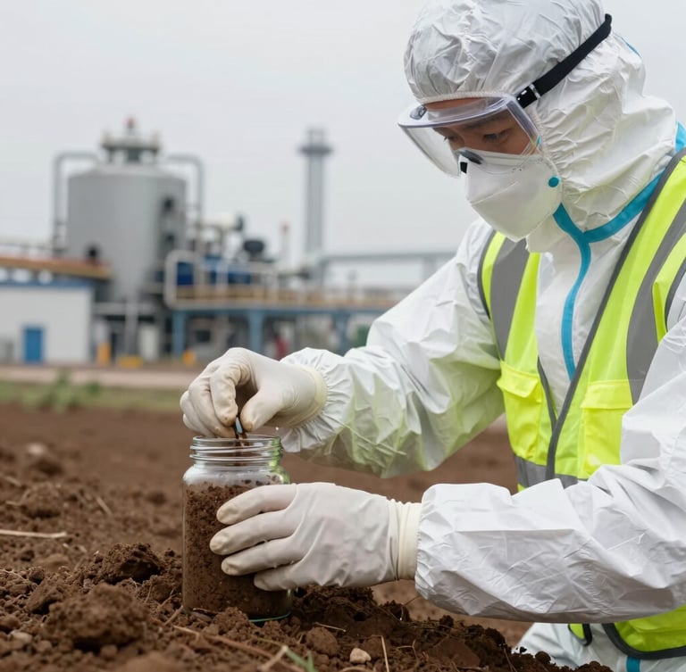 Close-up of an environmental engineer in a white protective suit and high-visibility vest sealing a soil sample jar on-site, industrial facility blurred in the background under overcast daylight, sharp focus on technical action.