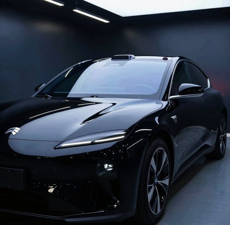 Low-angle heroic shot of a pristine black electric sedan in a dark, high-end detailing studio, LED light bars reflecting perfectly off the flawless paint curve, 85mm lens