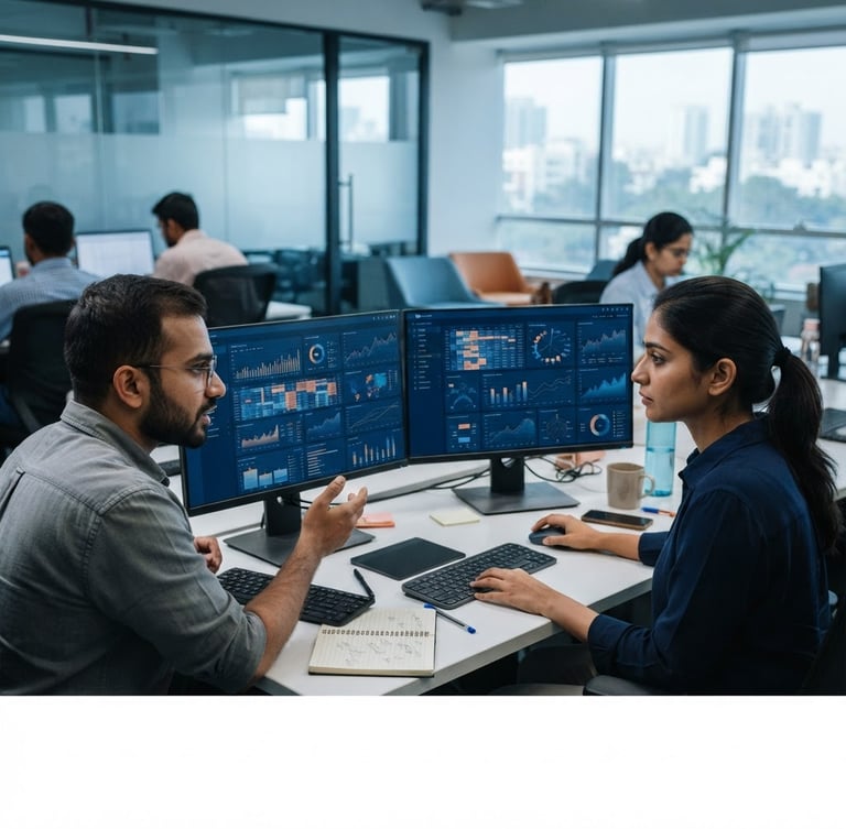 Analysts collaborating over dual monitors in a modern Bangalore office, showing complex data dashboards, cool office daylight with subtle screen-glow, crisp editorial photography.