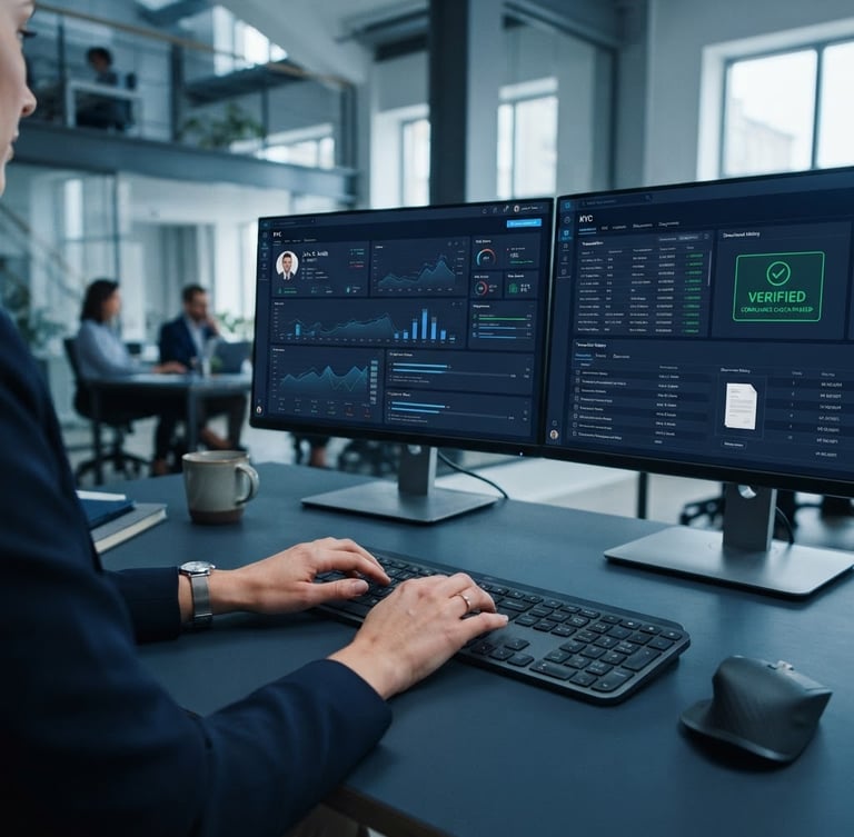 Crisp editorial photography, cool office daylight with subtle screen glow, deep blues, sharp focus, 50mm. Close-up of an analyst's hands on a keyboard, dual monitors showing complex KYC data dashboards, structured UI elements, and a green 'verified' status, with a hint of architectural geometry in the background.