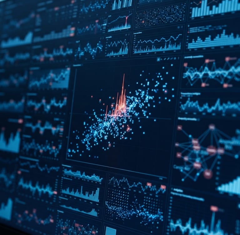 High-resolution macro shot of a complex data dashboard displaying real-time transaction anomalies, with subtle blue screen-glow in a cool office daylight.