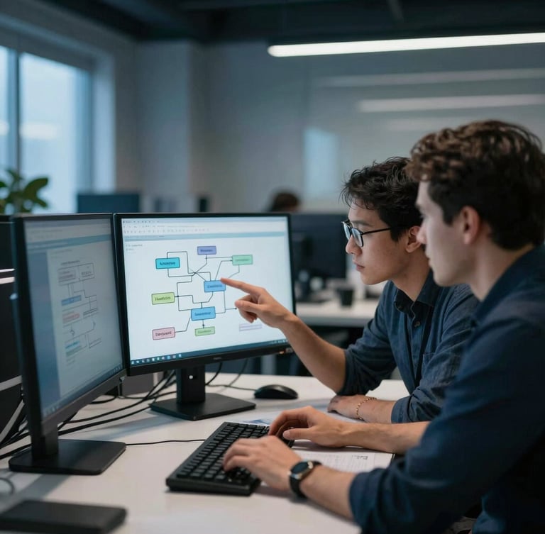 Crisp editorial photography, cool office daylight with subtle screen glow, deep blues, sharp focus, 50mm. Two analysts collaborating intensely over dual monitors in a modern, structured office environment, one pointing at a screen displaying a flow diagram of entity resolution.