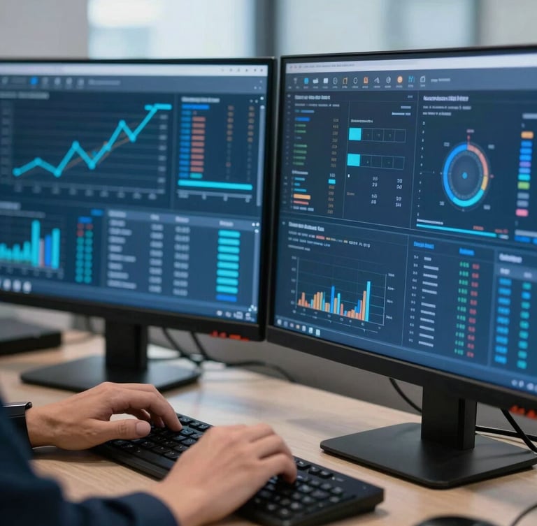 Close-up of an analyst's hands interacting with a complex data dashboard on dual monitors, subtle blue screen glow, crisp office daylight, deep blues, sharp focus, 50mm, data visualizations visible