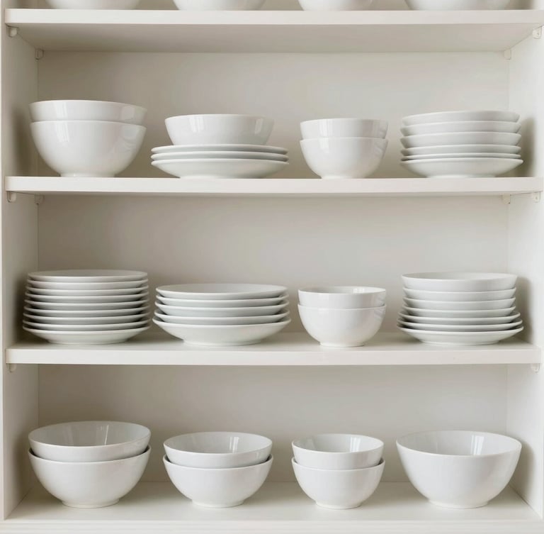 Clean medium shot of organized kitchen shelves with white ceramic dinnerware, bright even daylight, sharp focus, 35mm
