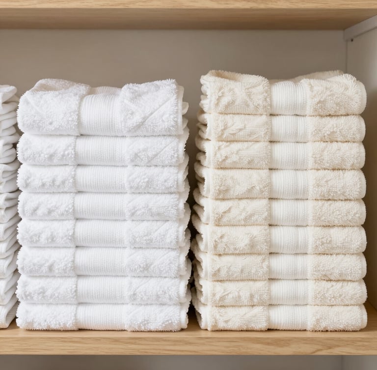 Straight-on medium shot of neatly folded stacks of high-quality white and cream bath towels on a clean wooden shelf, bright neutral daylight, crisp white balance, 35mm