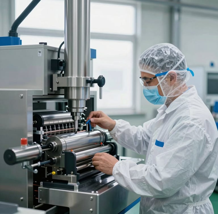An Argentine technician in clean uniform adjusting a high-speed packaging line, metallic steel reflections, bright factory window light