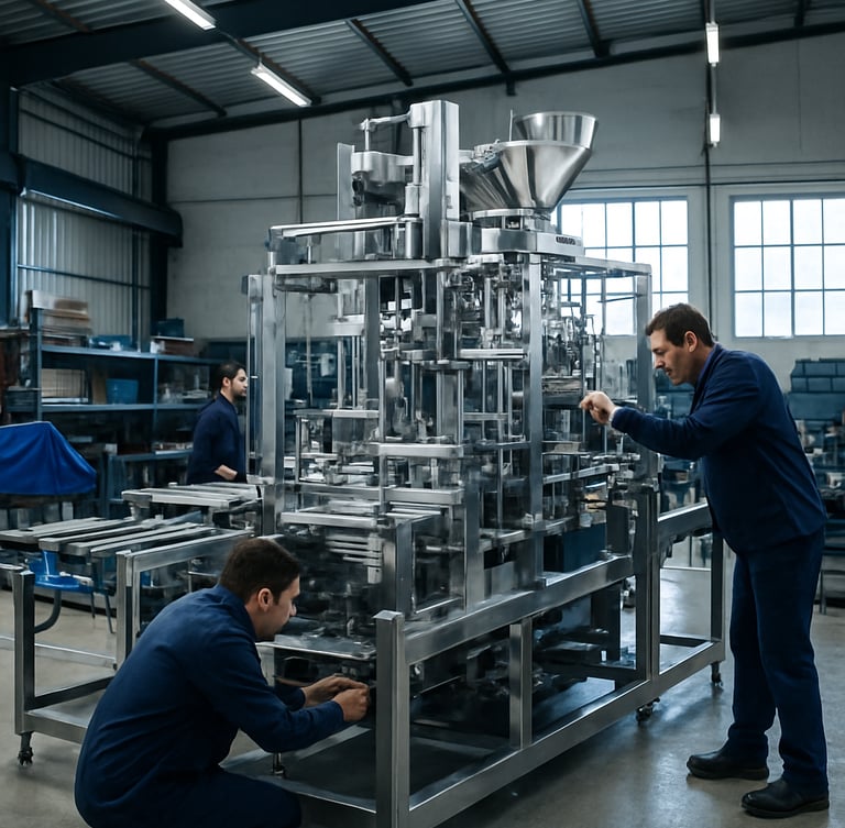 Wide shot of an active industrial workshop in Argentina, technicians assembling a large automatic packaging machine, natural window light, metallic reflections