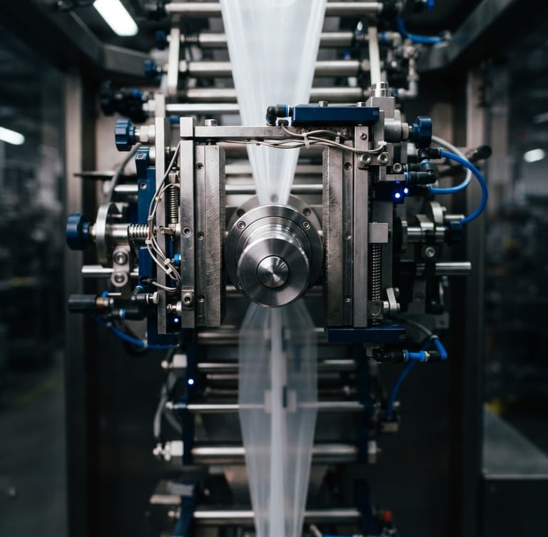 Close-up of a stainless steel vertical packaging machine nozzle with clean industrial lighting and sharp focus on the mechanical assembly