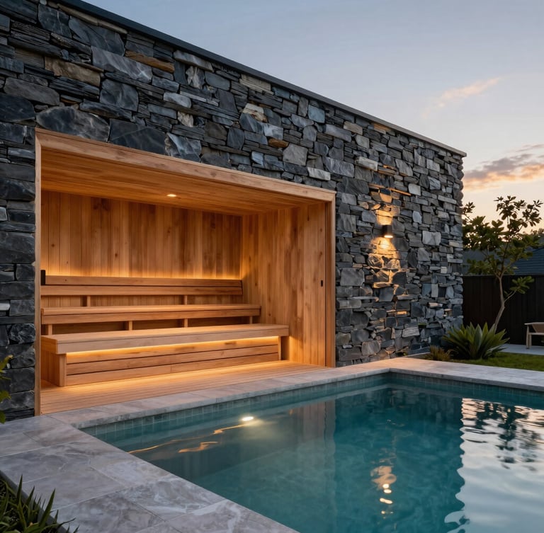 Vertical architectural portrait of a luxury outdoor wellness suite, featuring a custom cedar sauna and cold plunge pool adjacent to a slate stone wall, twilight lighting