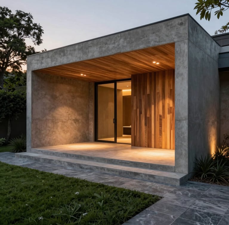 Vertical architectural shot of a terraced concrete entryway with warm wood accents and integrated step lights, twilight, 35mm.