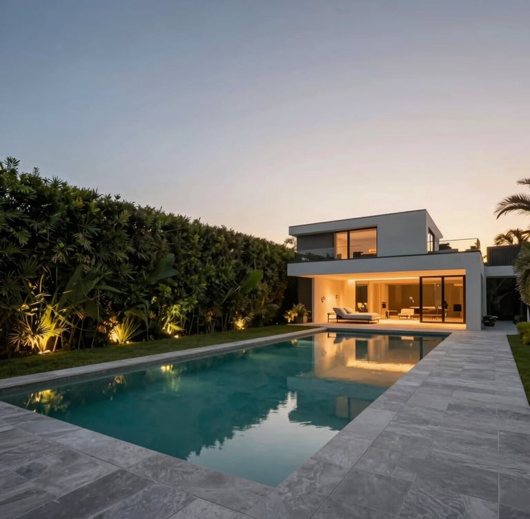 Wide-angle architectural shot of a modern minimalist estate at twilight, warm landscape lighting highlighting a zero-edge pool that vanishes into a dark green hedge line, 35mm.