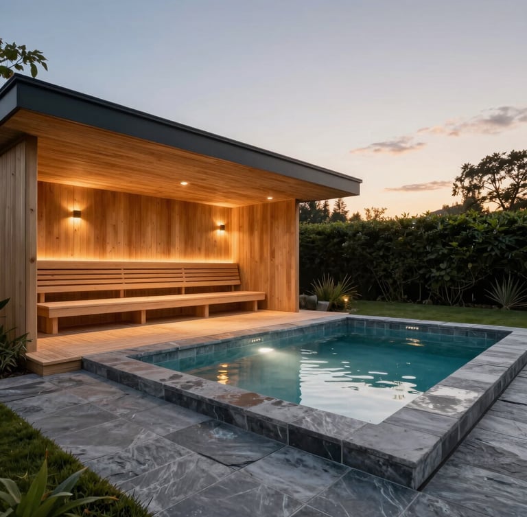 High-end architectural photography of a modern outdoor wellness suite, sleek cedar sauna next to a stone cold plunge pool, warm low-level twilight lighting, slate gray tiles