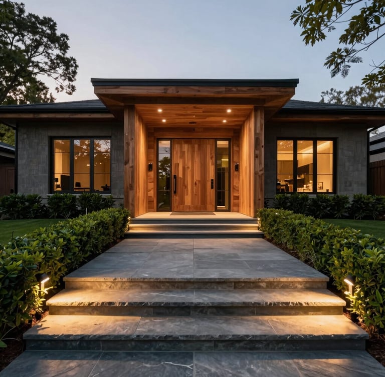 Wide-angle architectural twilight photograph of a modern estate front entrance, monolithic slate steps framed by warm cedar wood cladding, architectural uplighting casting long linear shadows, terminating hedges in deep forest green lining the property line, 35mm.