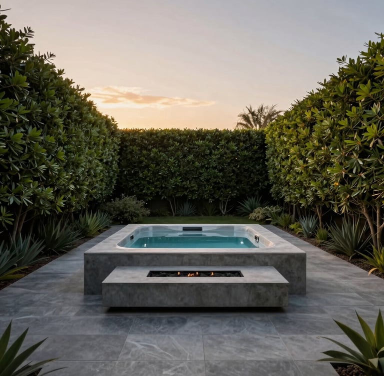 Wide environmental shot of a luxurious modern backyard at dusk, a sleek concrete fire pit area next to a zero-edge hot tub, terminating hedges framing the view, 35mm.