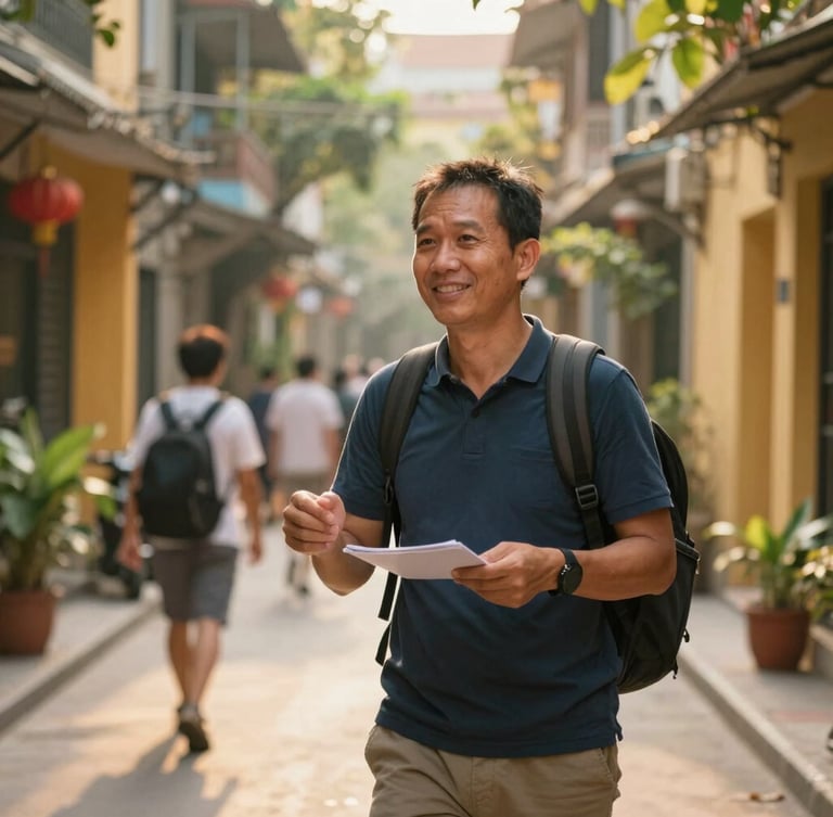 A candid medium shot of a professional local guide in Hanoi, smiling warmly, guiding travelers through a quiet, sunlit alley, soft natural golden-hour light, 35mm lens.