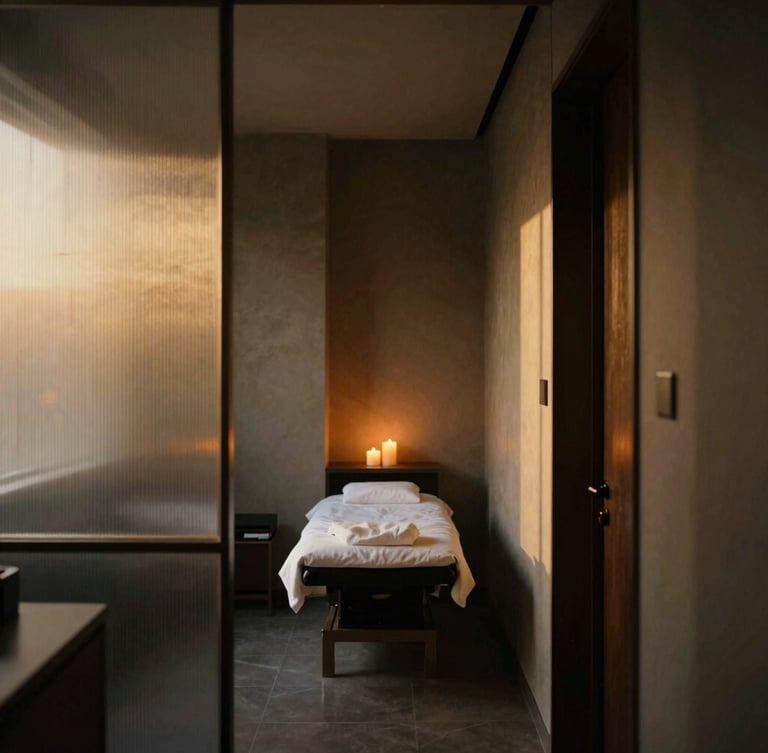 Architectural detail of a quiet villa treatment room corridor, soft golden-hour light filtering through a screen, warm bronze and charcoal tones, moody editorial photography, 35mm