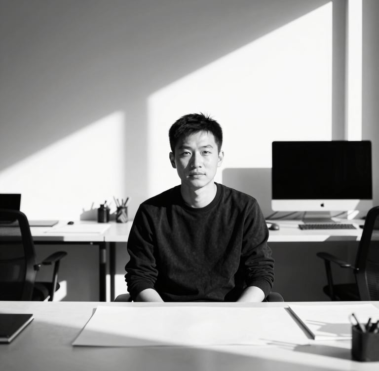 High-contrast black and white portrait of a designer in a clean architectural workspace, sharp direct sunlight, deep shadows.