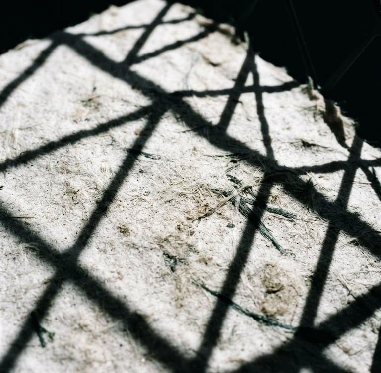 Extreme close-up of a textured, sustainable bioplastic sheet under harsh direct sunlight, casting sharp geometric shadows.