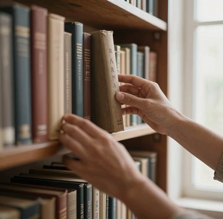 Close-up of hands gently arranging books on a shelf in a sunlit Islamic library, soft natural window light, rich muted earth tones, shallow depth of field