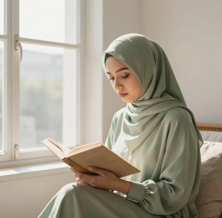 Seorang wanita muslimah sedang membaca buku di sudut kamar yang terang dan rapi, dengan jendela besar di sampingnya. Cahaya matahari pagi yang lembut masuk, interior minimalis dengan aksen hijau sage dan krem.