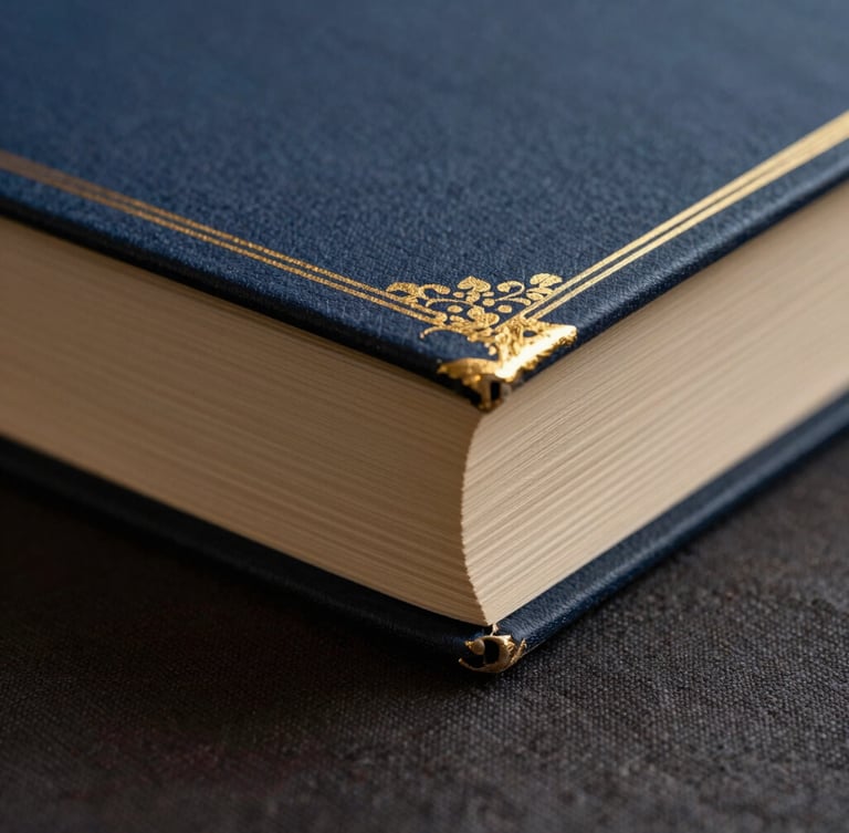 Macro shot of a high-end book with gold leaf gilding on the page edges, resting on a dark linen surface, warm side lighting