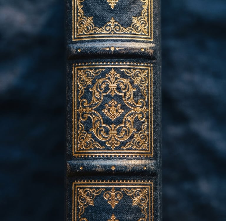 Macro photograph of a prestigious leather-bound book spine with gold foil lettering, warm side-lighting on rich navy linen texture, shallow depth of field