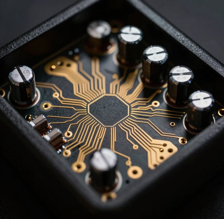 Macro shot of internal circuitry of an amplifier, gold-plated traces, high-end capacitors, dark background with sharp metallic highlights.