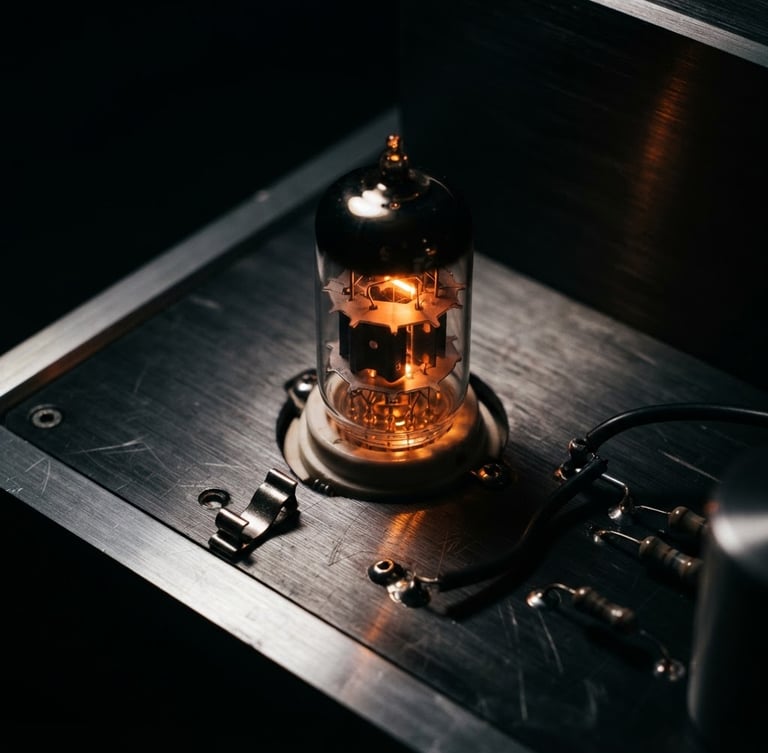 Macro shot of a high-end vacuum tube glowing warm orange inside a brushed aluminum amplifier chassis, dark shadows, dramatic studio lighting, 35mm