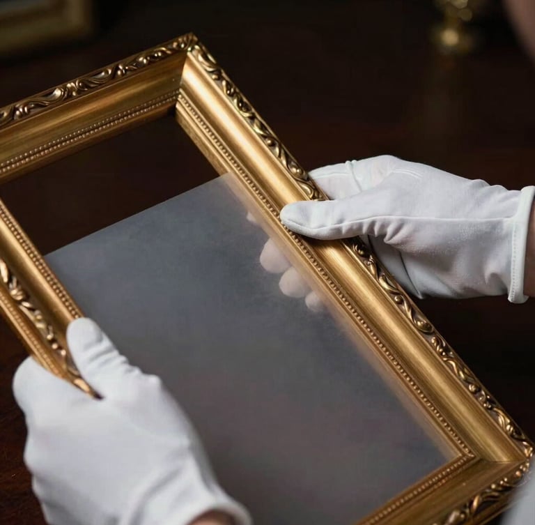 Close-up of hands in white gloves wrapping a gilded antique frame in premium multi-layered protective material, dark elegant background, dramatic low-key lighting.
