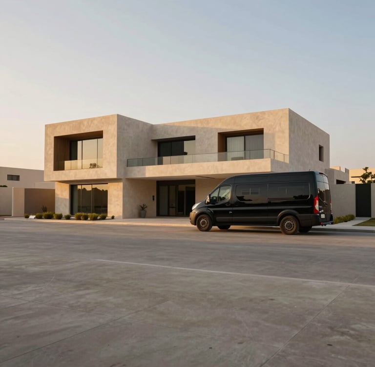 Wide panoramic shot of a modern luxury villa in Riyadh under warm golden hour light, a clean black transport vehicle parked outside, minimalist composition with generous negative space.