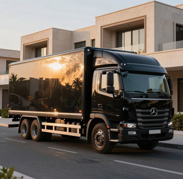 Wide panoramic shot of a spotless premium black closed transport truck parked outside a modern architectural villa in Riyadh, warm golden hour lighting reflecting off the metallic surface.