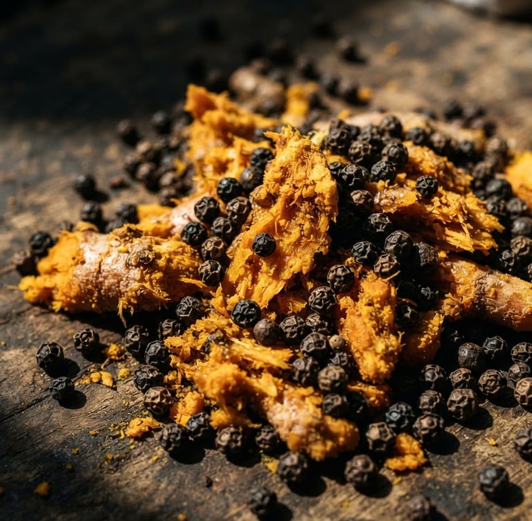 Macro close-up of raw vibrant turmeric heaps and whole black peppercorns, harsh natural sunlight, deep earthy shadows, 35mm documentary photography