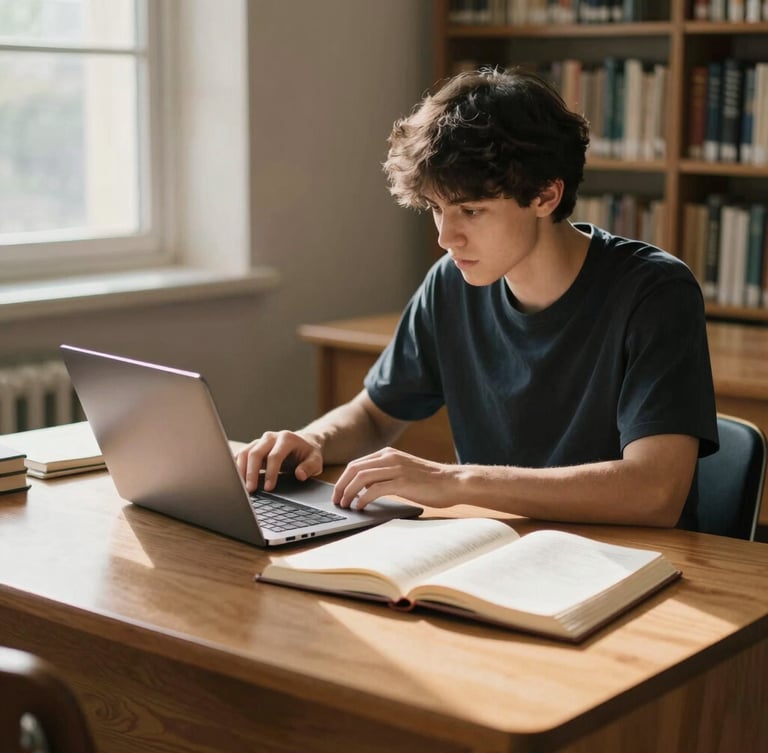 A focused student working at a wooden desk with a laptop and open physical journals, soft warm window light casting long shadows, scholarly library environment, 35mm editorial photography.
