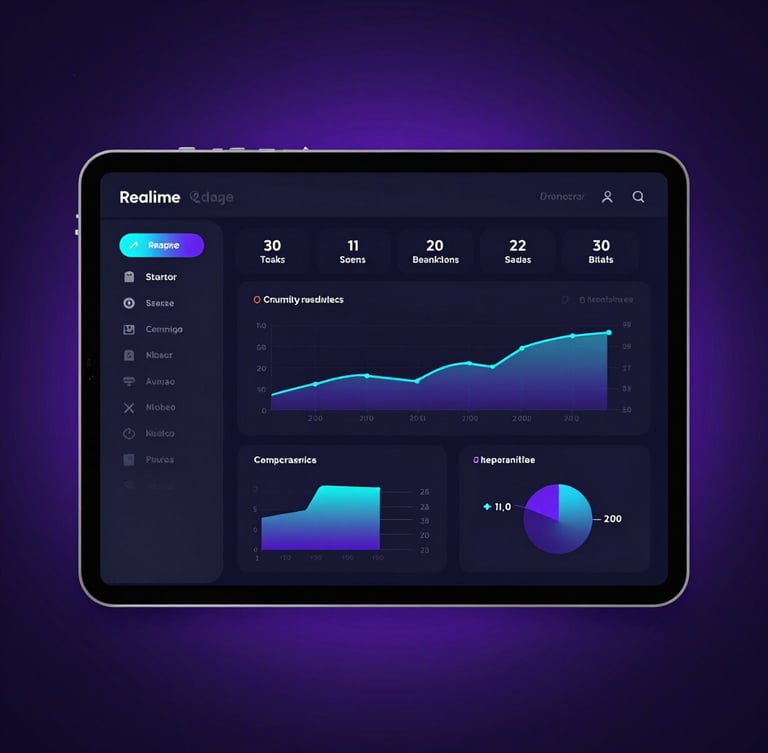 A clean modern creator dashboard UI display on a tablet screen, showing real-time view statistics and revenue charts with neon cyan and violet accents, dark background, cinematic backlighting