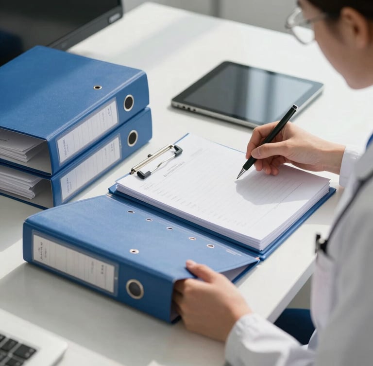 Close-up shot of a clinical trial coordinator organizing study binders and modern digital tablets on a clean white desk in bright daylight.