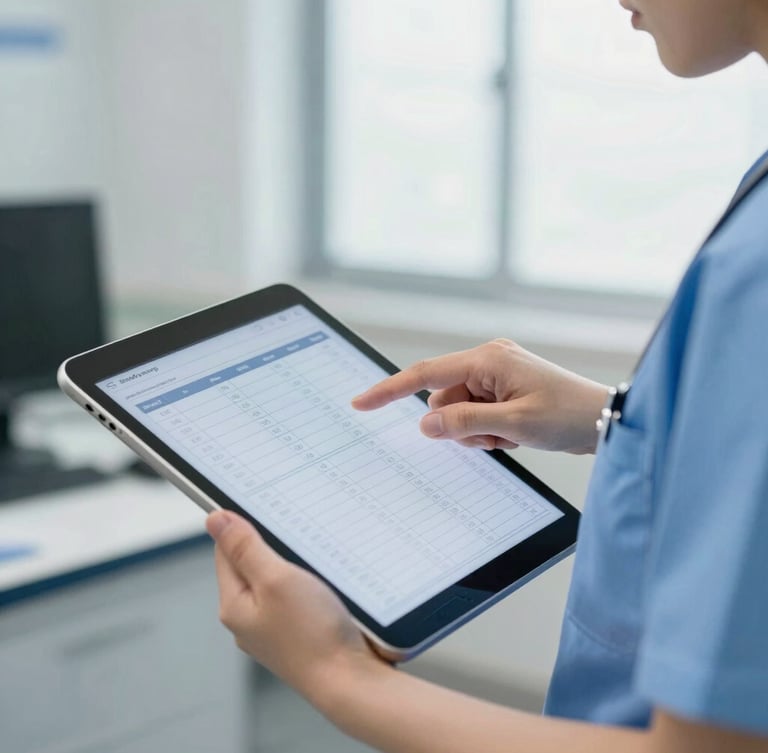 Close-up of a clinical coordinator in light blue scrubs holding a digital tablet, pointing to structured data tables, bright natural daylight, sterile professional background.
