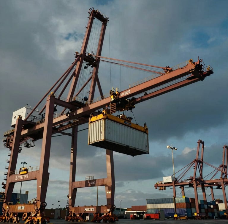 Low-angle cinematic shot of heavy port cranes lifting cargo container at Caldera port, dramatic overcast maritime sky, high-contrast industrial lighting, 35mm.