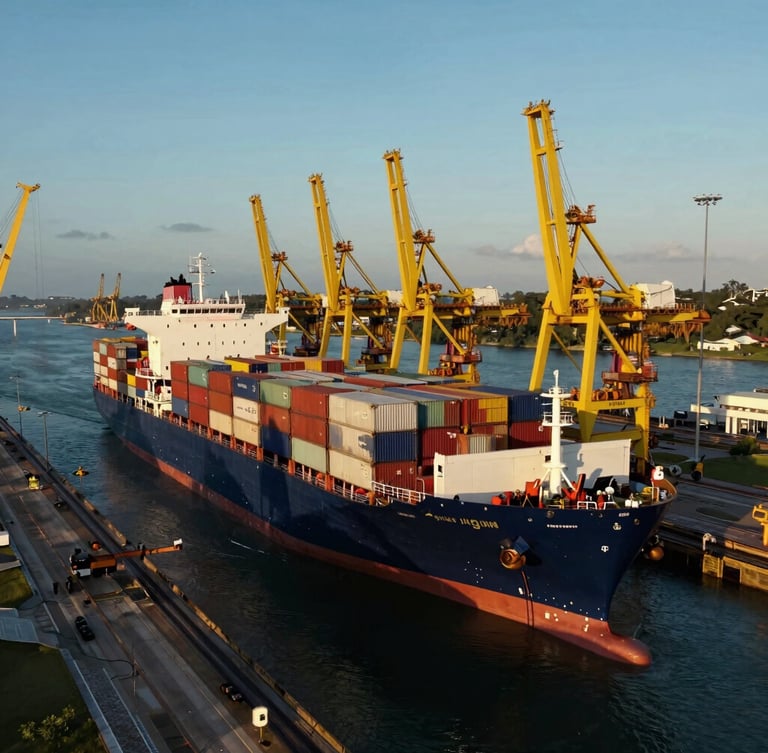 Cinematic wide-angle aerial drone shot of a massive container ship transiting the Panama Canal locks at golden hour, deep navy water, high-contrast industrial yellow cranes, 35mm.