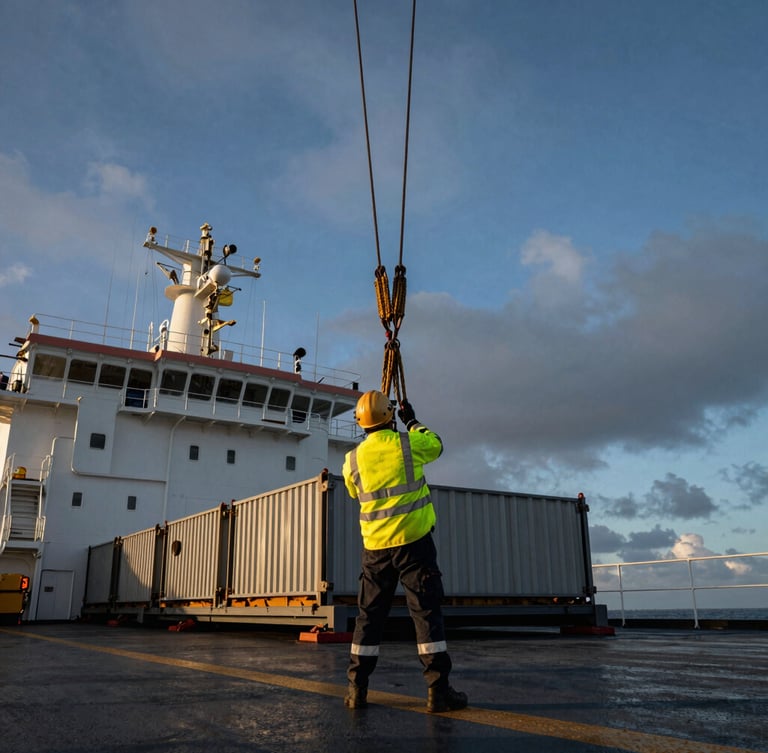 Low-angle dramatic shot of a maritime professional in high-visibility gear guiding cargo rigging on a ship deck, overcast sky, heavy industrial scale.