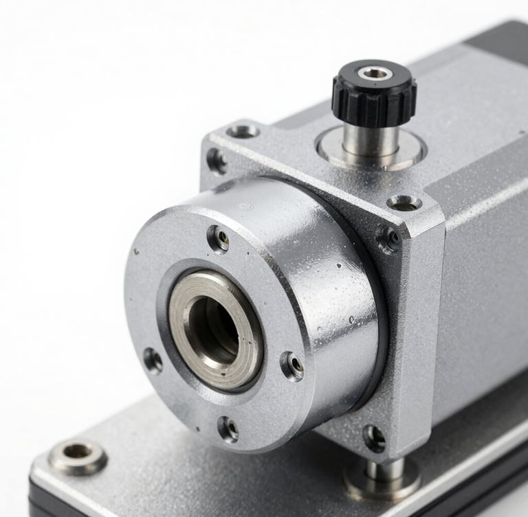 Close-up makro servo motor industri yang baru dipasang di lini produksi pabrik semen, pencahayaan studio terang, fokus tajam pada serial number, tekstur logam dingin.